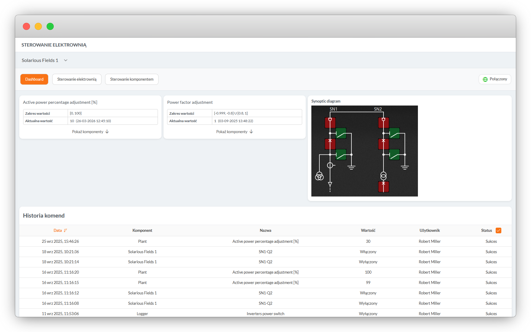 Solar Spy: sterowanie elektrownią — dashboard, historia komend i status połączenia