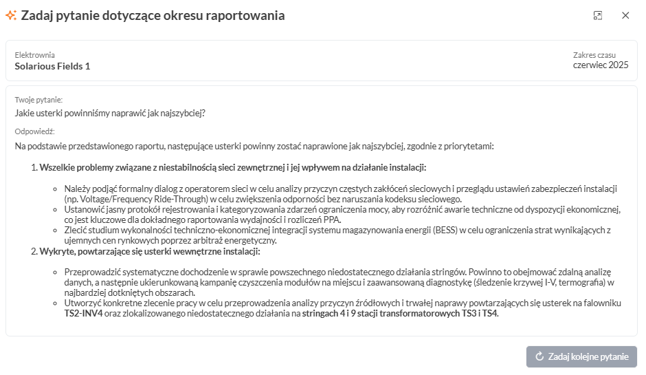 Solar Spy SolAI — okno Zadaj pytanie dotyczące okresu raportowania: priorytety naprawy usterek na elektrowni