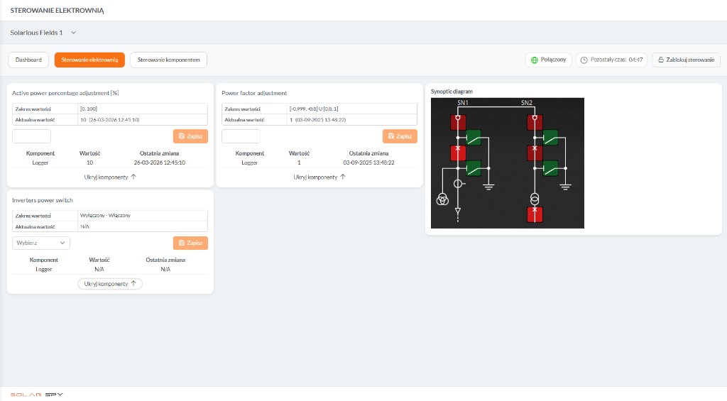 Solar Spy: sterowanie parametrami mocy czynnej, cos φ i przełącznikami z jednego ekranu